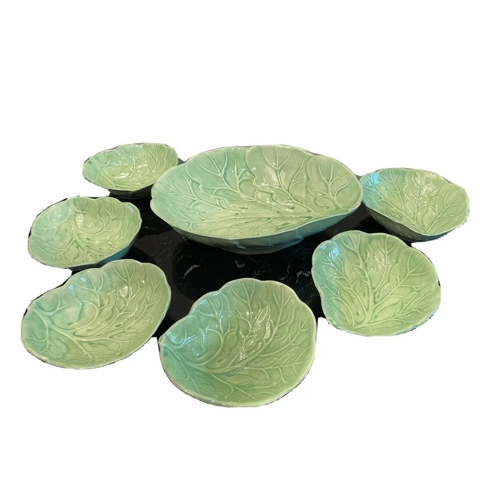 Green Cabbage Leaf Ceramic 7 Piece Salad Bowl Set